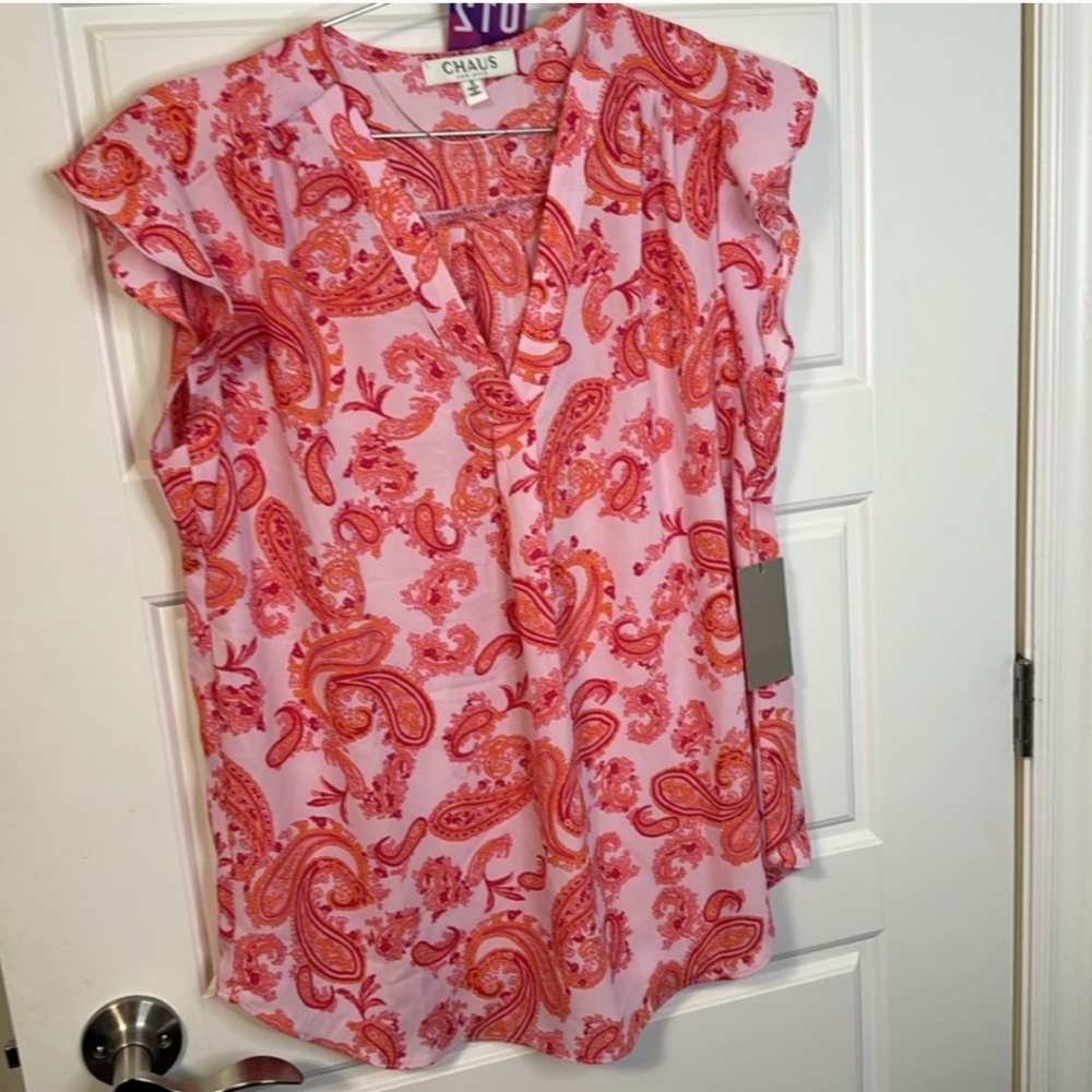 Chaus Orange and White Ruffled Cap Sleeve Blouse